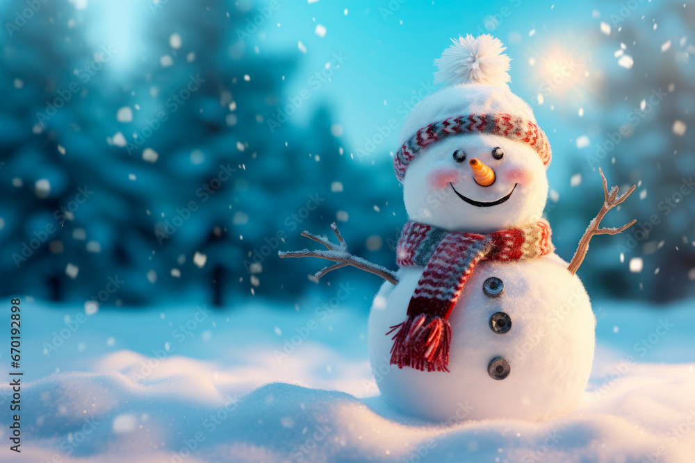 A snowman standing on the background of a winter landscape 