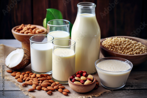 Milk  soybeans  nuts on a wooden background.