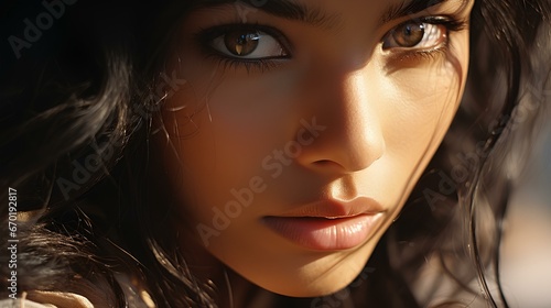 close-up of a young Indian woman, her eyes reflecting her hopes for the future. generative AI