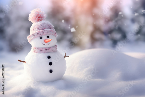 A snowman standing on the background of a winter landscape  © Aspirinka