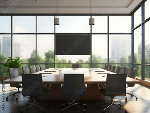 Empty conference room with desk and chairs, business meeting room, empty seminar or training room, business discussion area, business meeting room interior © Akilmazumder