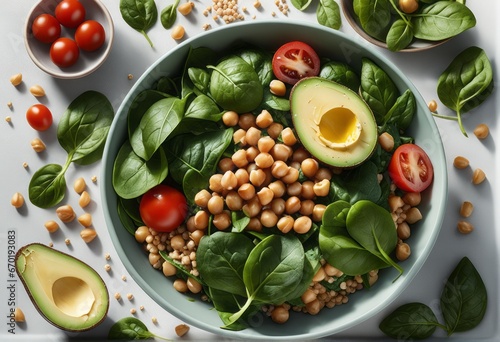 composition with bowl of tasty salad, spinach, avocado and tomatoes on white background, top view composition with bowl of tasty salad, spinach, avocado and tomatoes on white background, top view heal