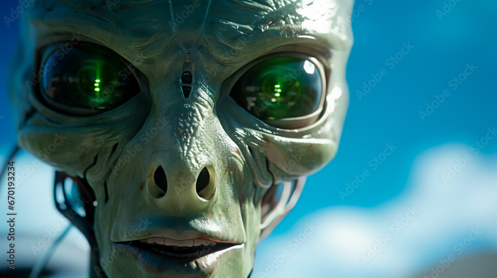 Close up of alien face with green eyes and blue sky in the background. Close up of alien face with green eyes and blue sky in the background.