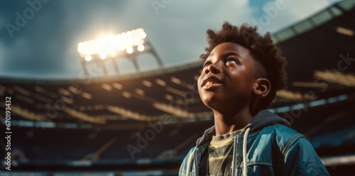 Little black kid standing in the middle of football stadium and dreaming become football soccer player