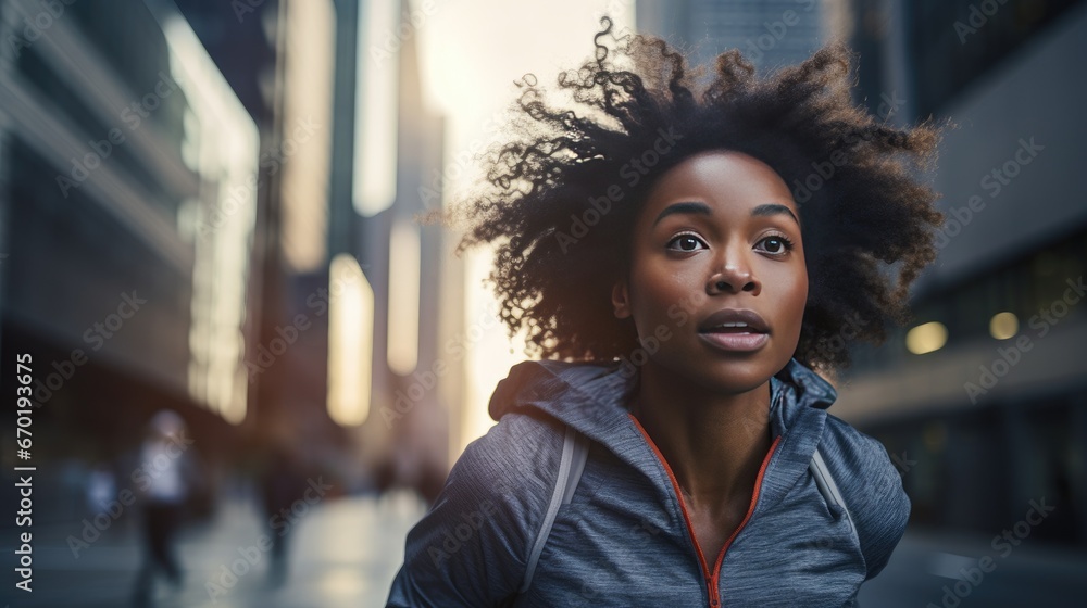 Young African American woman is jogging outside Young African American woman is jogging outside