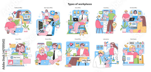 Workplace variety set. Diverse office spaces and environments portrayed. Traditional to virtual, shared spaces and labs. Cozy home offices, bustling coworking hubs. Flat vector illustration