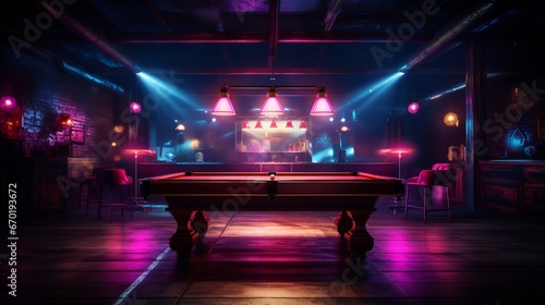 Pool table lit up by neon lights hanging above it. photo
