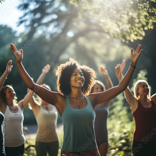 Multiethnic Women in Outdoor Yoga Class: Stretching and Breathing Exercise in the Park, Generative AI