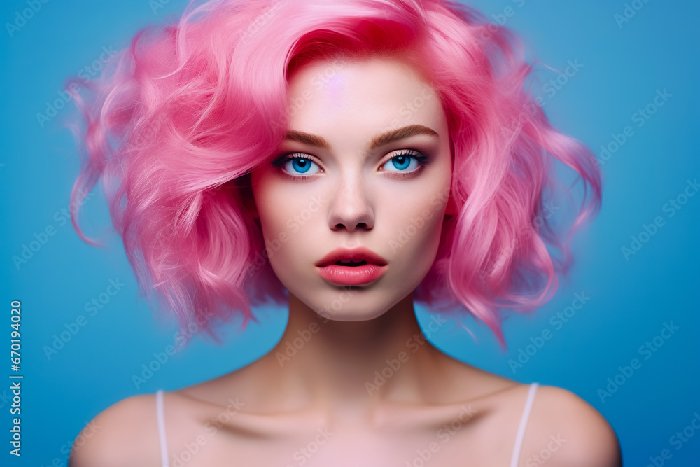 Close up of portrait woman with pink hair and blue eyes wearing pink dress and pink lipstick on solid colored background.