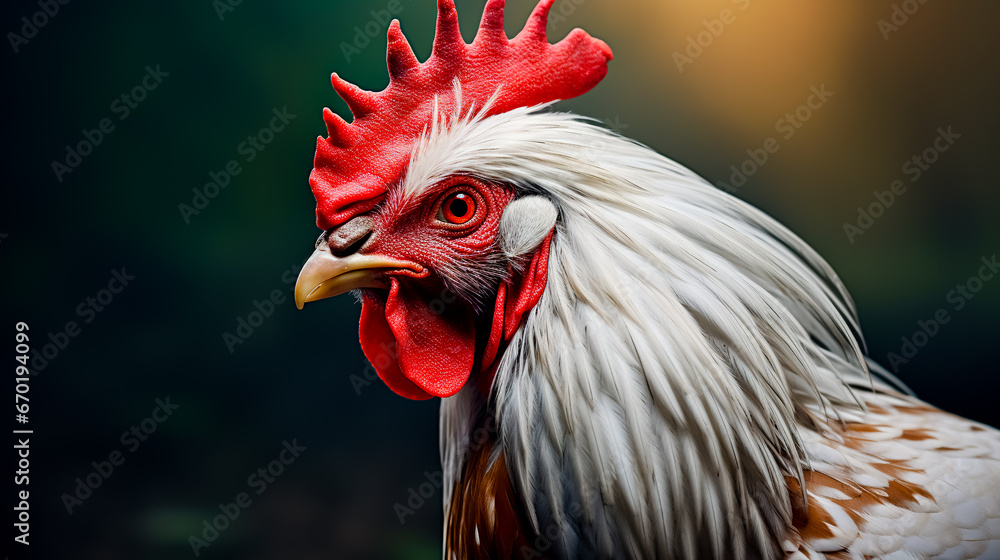 Close up of rooster's head with red and white comb.