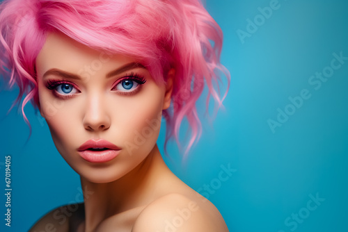 Close up of portrait woman with pink hair and blue eyes wearing pink dress and pink lipstick on solid colored background.