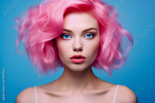Close up of portrait woman with pink hair and blue eyes wearing pink dress and pink lipstick on solid colored background. © leo_nik