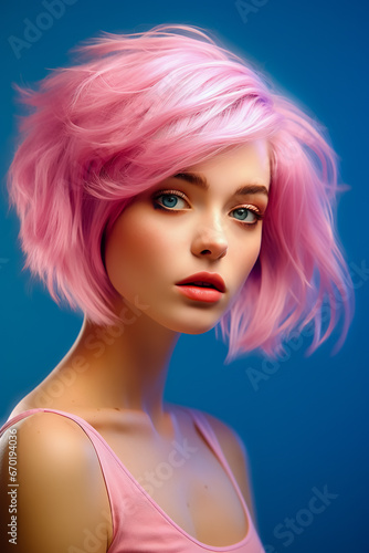 Close up of portrait woman with pink hair and blue eyes wearing pink dress and pink lipstick on solid colored background.