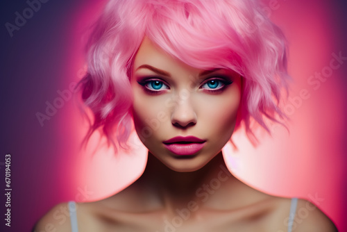 Close up of portrait woman with pink hair and blue eyes wearing pink dress and pink lipstick on solid colored background.