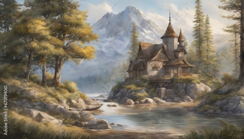 fantasy castle in the mountains fantasy castle in the mountains fantasy landscape with old castle and wooden bridge