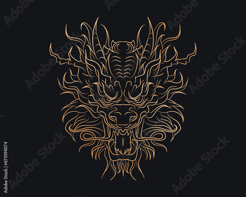 Golden silhouette of outline oriental dragon head on dark blue background. Gothic vintage poster with Asian mythology reptile or monster, devil for t-shirts of tattoo