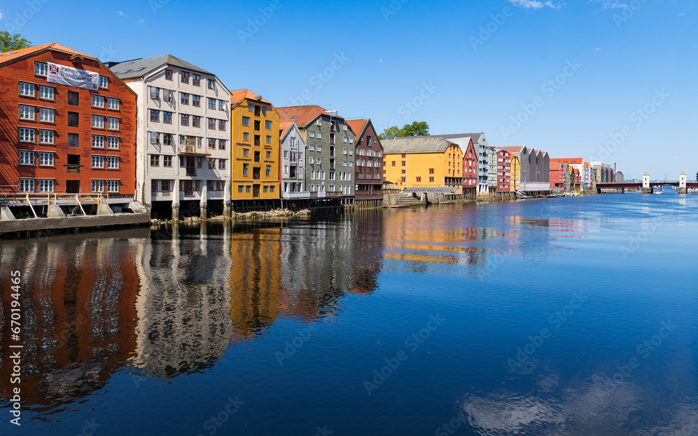 Trondheim city view with the famous colorful houses at the Nidelva river and the former port