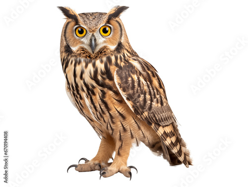 a brown and black owl with yellow eyes