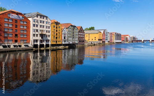 Trondheim city view with the famous colorful houses at the Nidelva river and the former port