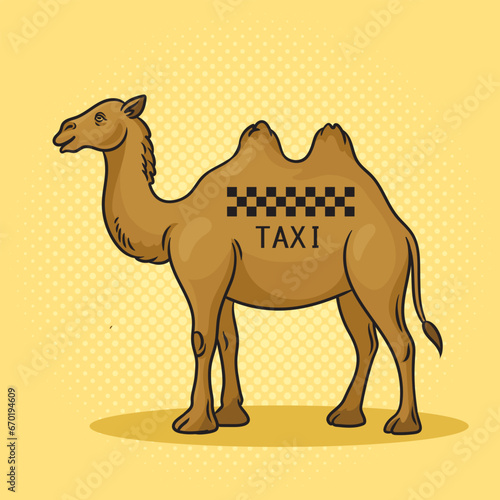 Camel taxi transport pinup pop art retro hand drawn vector illustration. Comic book style imitation.
