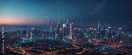 Modern Futuristic city. Skyscrapers buildings with digital hologram glowing lights