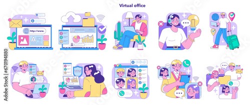 Virtual office set. Professionals engaging in online tasks. Website browsing, data analysis, video call participation, remote work, and digital communication. Flat vector illustration