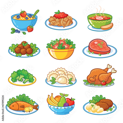 Vector illustration of Food Set. Home made traditional food on a white background. A set of various Breakfast, lunch and dinner