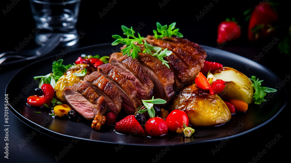 Duck breast with strawberries, tomatoes, nuts and baked potatoes. Healthy and delicious food. Photo for the menu.