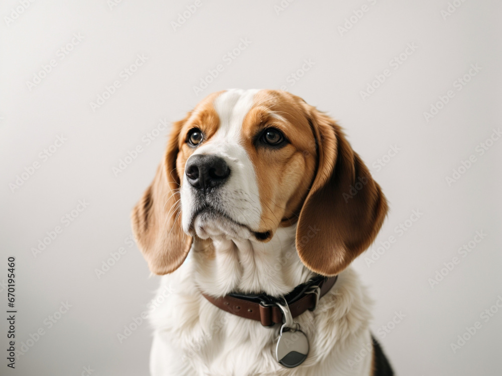 Beagle dog isolated on a light white background. Backdrop with copy space