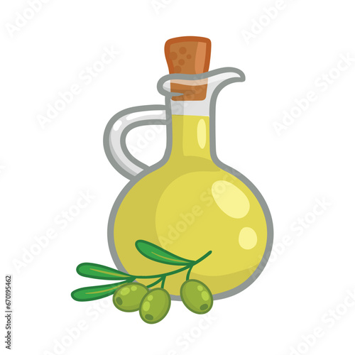 Olive oil in a glass bottle on a white background. Vector illustration olive branch