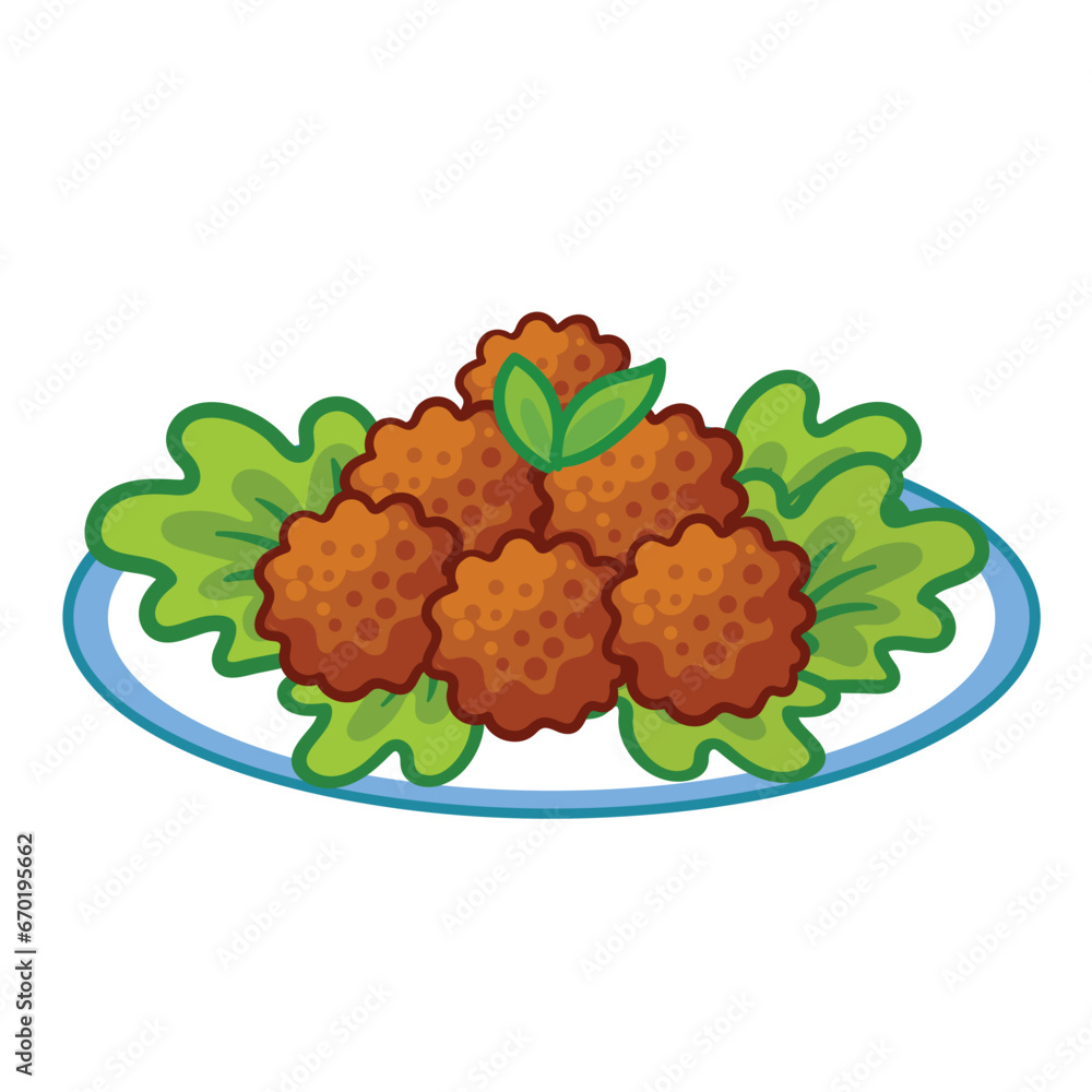 Vector illustration with meatballs on a white plate. Delicious meatball in cartoon style Vector illustration with meatballs on a white plate. Delicious meatball in cartoon style