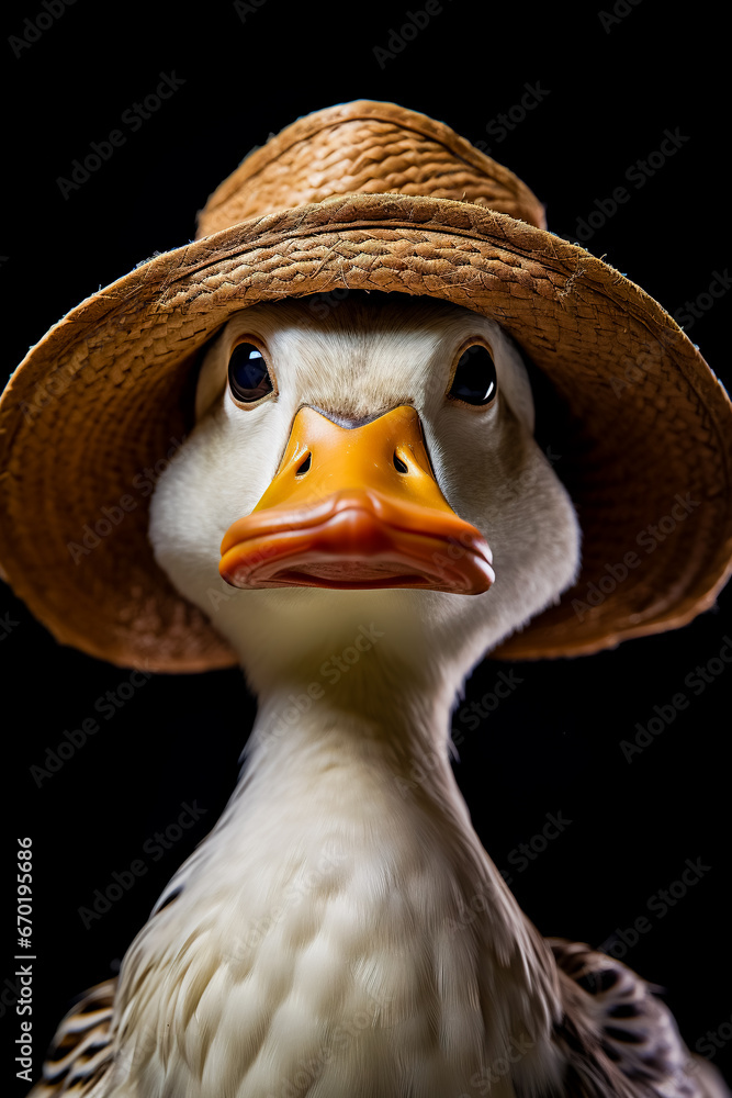 Duck with straw hat on it's head looking at the camera.
