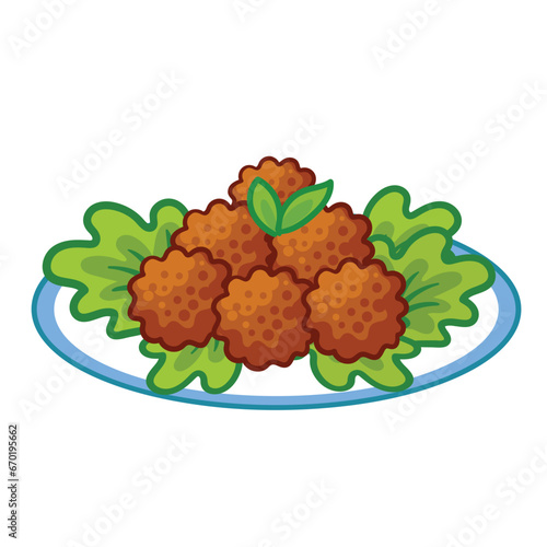 Vector illustration with meatballs on a white plate. Delicious meatball in cartoon style