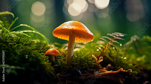 Edible orange - cap mushroom growing in green moss. Leccinum aurantiacum.