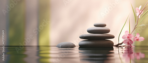 Minimalist tranquil meditation Zen garden pool with stacked stones, rock balancing art, mind and spirit in stillness, calming and relaxing.