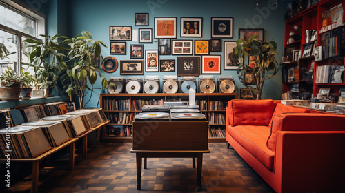 A vintage record store interior, showcasing shelves of vinyl records, vintage posters, and a retro turntable