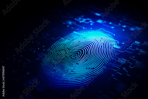 Fingerprint on electronic blue background. photo