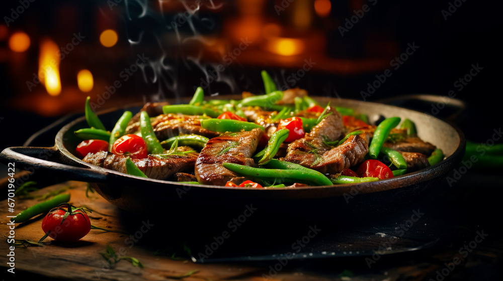 Fried beef tongue with green beans and tomatoes in a pan. Serving food in a restaurant.