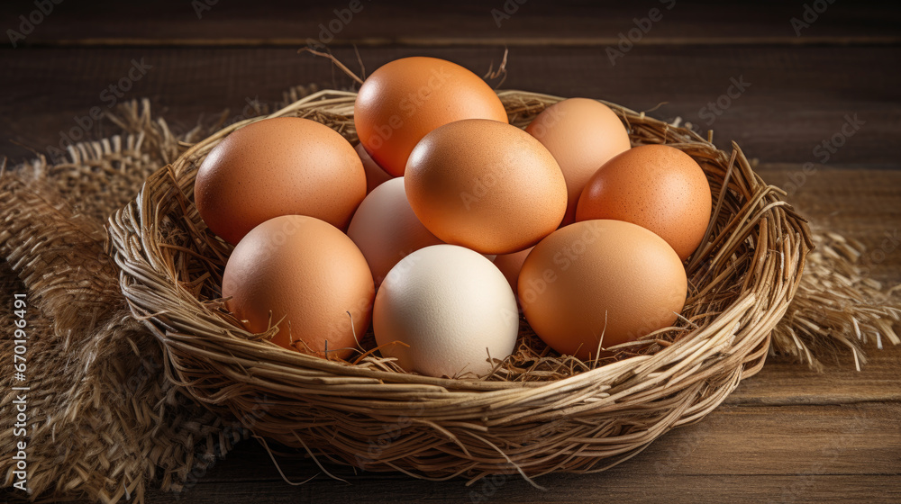 fresh eggs in rustic basket, generative ai fresh eggs in rustic basket, generative ai