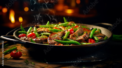 Fried beef tongue with green beans and tomatoes in a pan. Serving food in a restaurant.
