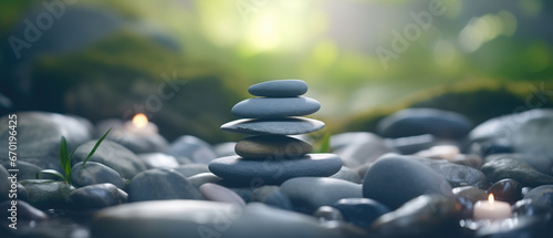 Minimalist tranquil meditation Zen garden with candles and stacked rock balancing stones art. 