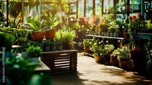 Garden shop under open air. Close up of a row of plants for landscape design are offered for sale.