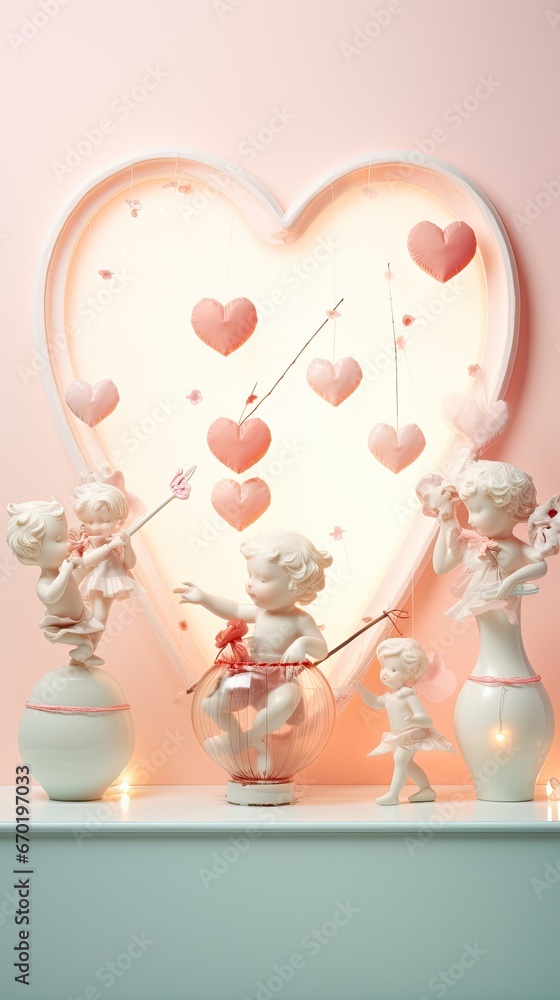 A cupid figurines with heart decorations, on a pastel background with negative space for text. Sweet valentines. Vertical orientation. 