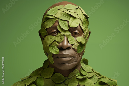 Generative AI image of a black man masked by green foliage representing nature photo