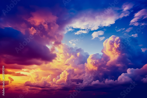 Gloomy dramatic clouds at sunset. Beautiful ultramarine clouds at sunset. © leo_nik