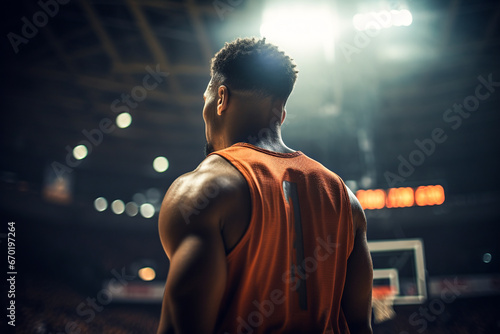 Generative AI illustration portrait of anonymous black male basketball player inside a basketball stadium in blurred background photo