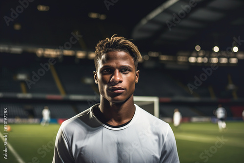 Generative AI illustration of portrait of black man soccer player in the stadium at night while looking at camera in blurred background photo