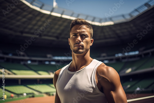 Generative AI illustration of portrait of a tennis player in sleeveless t-shirt next to the stadium court in blurred background photo