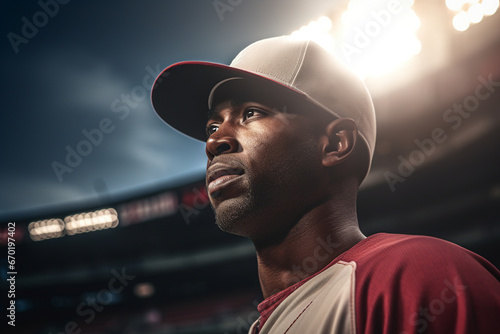 Generative AI illustration portrait of black baseball player at the stadium while wearing a cap and looking away in blurred background photo