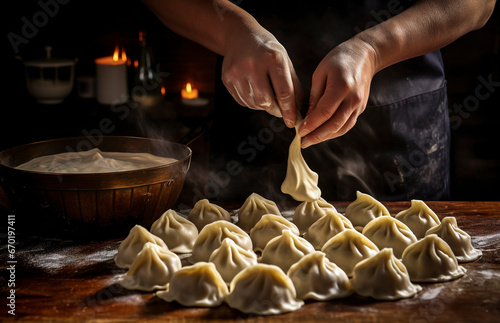 Generative AI illustration of crop anonymous person meticulously crafts delicate chinese dumplings in rustic kitchen photo